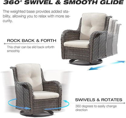 Joyside Outdoor Swivel Rocker Patio Chairs Set of 2 and Matching Side Table - 3 Piece Wicker Patio Bistro Set with Premium Fabric Cushions(Mixed Grey/Beige)