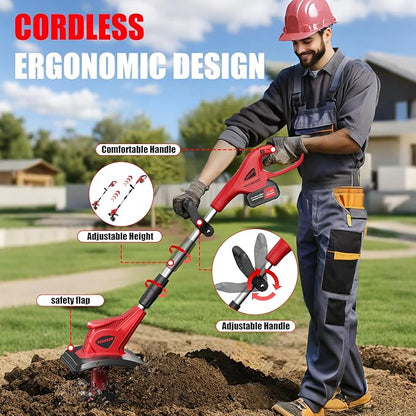Cordless Tiller Cultivator, 360RPM 9inch Wide Electric Garden Tiller,Total 8000mAh Battery Powered Mini Cultivator,48 Steel Tines Portable Rotary Tiller for Gardening (2 x 4.0AH Battery)