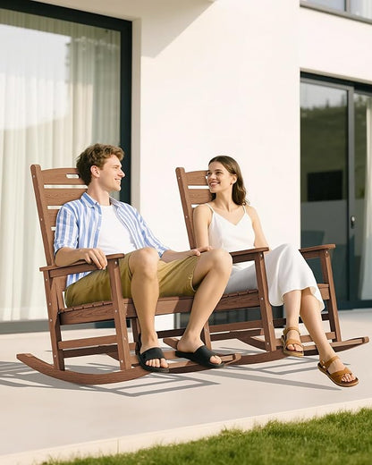 SERWALL Outdoor Rocking Chair Set of 2, Oversized Rocking Chair with Footboard for Adults, HDPE All Weather Resistant Rocking Chairs for Patio, 350lbs Weight Capacity, Brown