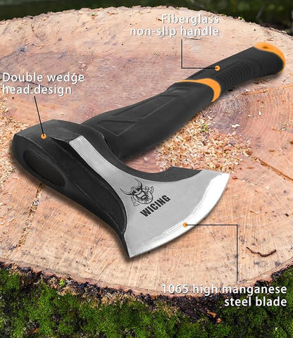 Splitting Axe, 15-inch Camping Hatchet, Chopping Axe 1065 High Manganese Steel and Ergonomic Fiberglass Handle