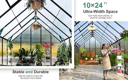 CDCASA 10x24 FT Greenhouse for Outdoors,Large Easy Assembly Thicker Aluminum Polycarbonate Greenhouses with 5 Windows, Double Door,Outside Walk-in Green House for Patio, Backyard,Garden