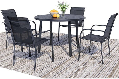 5 Pieces Round Dining Table Set for 4, Patio Dining Set Includes 4 Black Stackable Patio Chairs and 1 Black Round Table, Patio Furniture Sets with Sling Support for Outside, Garden