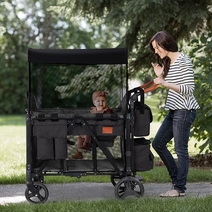 Wagon Stroller for 2 Kids, High Seat & 5 Point Harness, Foldable All-Terrain Wagon for Toddler with Canopy, Parent Organizer, Shoulder Bag, Adjustable Handlebar, Ultimate Double (Black)