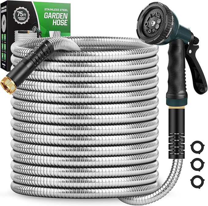 Garden Hose with 10-Function Nozzle, Leak-proof Metal Connector Hose, No Knots, Kink-Free, Lighter, Anti-Pets, Wear-Resistant, 3/4 GHT, Water Hose for Garden, Yard, Outdoor（75 FT）