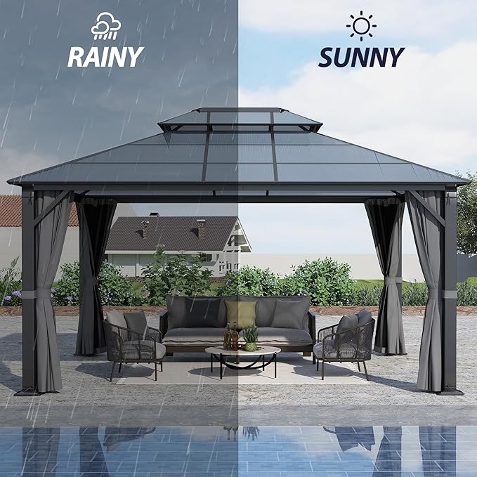 12' x 14' Hardtop Gazebo, Outdoor Polycarbonate Double Roof Gazebo with Metal Frame Permanent Pavilion with Netting& Curtains for Garden, Patio