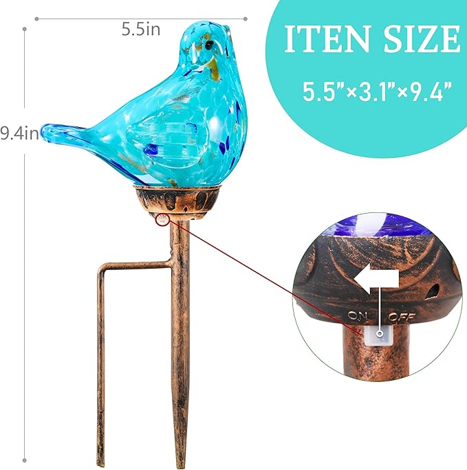 Solar Bird Garden Stake Lights - Hand Blown Glass Decorative Garden Pathway Lights Outdoor Waterproof Bird Glass Stakes (Light Blue)