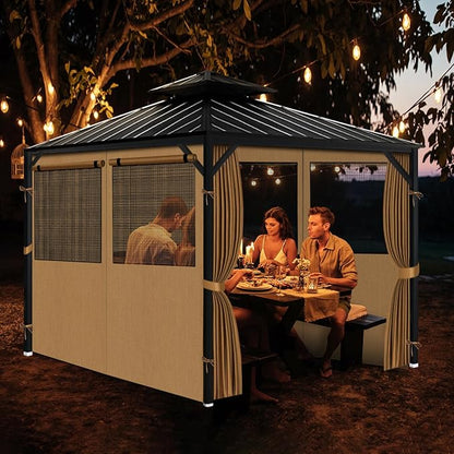 Gazebo Privacy Curtain 10'x12', Replacement Curtains with Mosquito Net Windows, 4-Panels Side Wall, Zippers, Waterproof Outdoor Curtains for Patio, Canopy, Garden and Backyard, Khaki (Curtain Only)