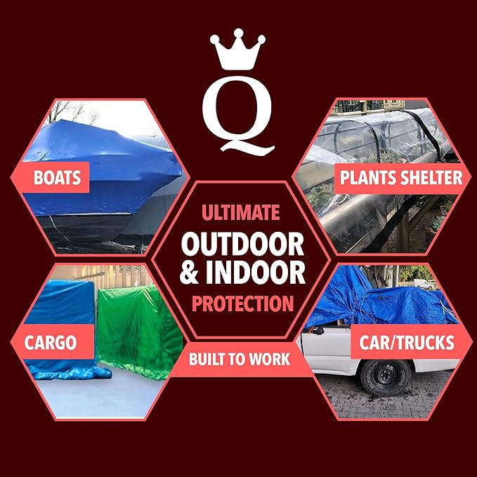 QUEEN OF TARPS | 10x12 Light Duty Tarp Waterproof, 70 GSM is 7 MIL, UV/Tear Resistant Tarp, Camping, Outdoor Furniture, Car, Tents, Painting, Firewood Protection | 10x12, Light Duty