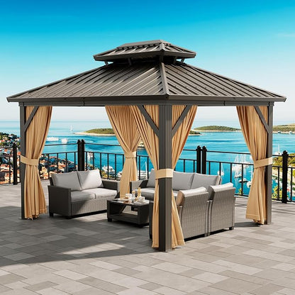 12'x10' Hardtop Gazebo, Heavy Duty Aluminum Permanent Hardtop Gazebo Outdoor Pavilion with Curtains and Netting for Garden