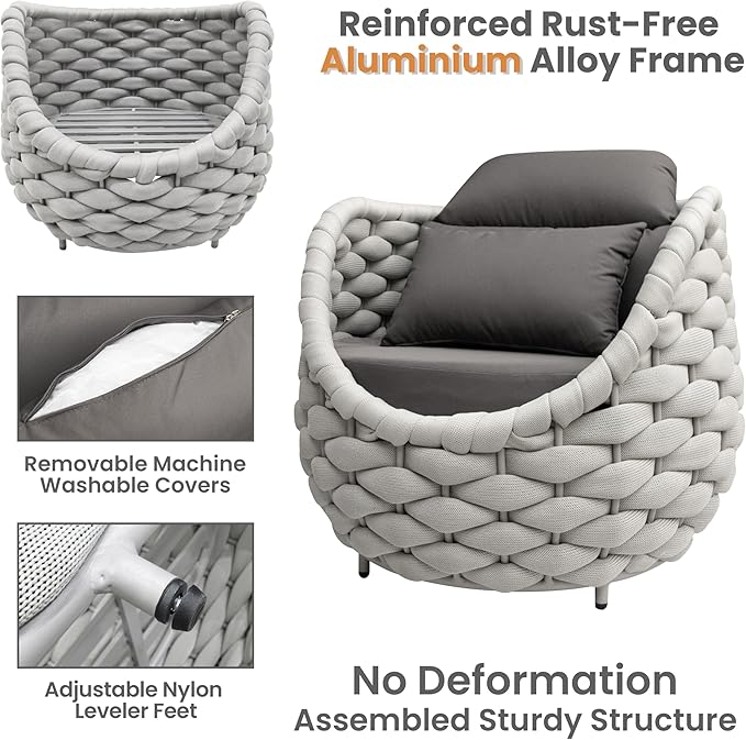 2 PCS Porch Furniture Chair: Patio Accent Chair Aluminum - Woven Rope Cushioned Armchair Assembled - Modern Lounge Single Chair - All Weather 400lbs for Deck Balcony Yard Garden Hotel Poolside