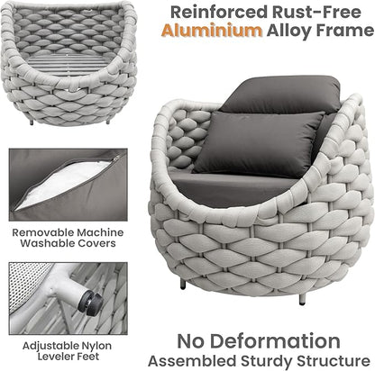 2 PCS Porch Furniture Chair: Patio Accent Chair Aluminum - Woven Rope Cushioned Armchair Assembled - Modern Lounge Single Chair - All Weather 400lbs for Deck Balcony Yard Garden Hotel Poolside
