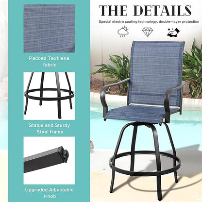 Vongrasig 6 Piece Patio Swivel Bar Chairs, All Weather Metal Textile High Swivel Bar Stools Chairs, Outdoor High Top Bistro Set for Backyard, Lawn Garden, Balcony, Denim Blue