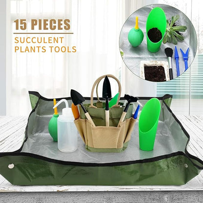G GOOD GAIN Garden Succulent Kit with Organizer Bag, 14 Pieces Succulent Tools, Indoor Mini Hand Gardening Tools Set with Carrier for Bonsai Planter Miniature Fairy Planting Care(Green)