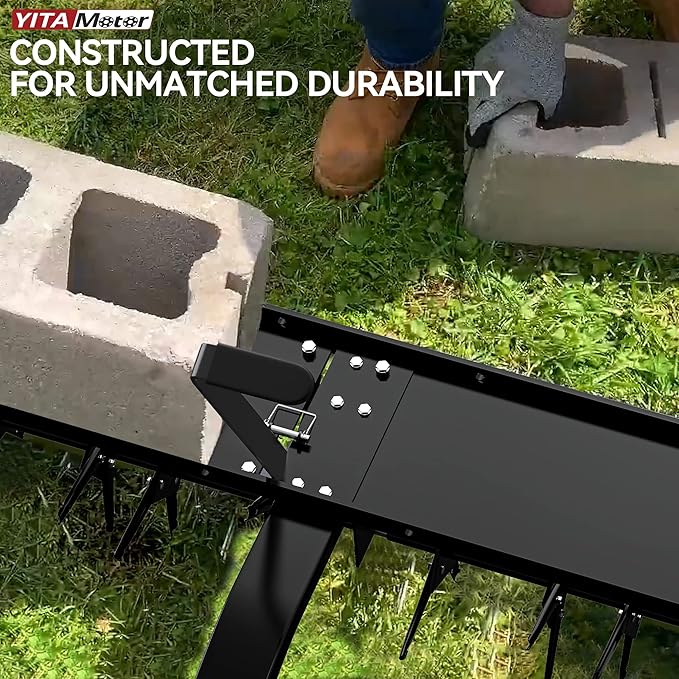 YITAMOTOR 48" Tow Plug Lawn Aerator with Universal Hitch,Black Painted Galvanized Steel with Tray and Inflatable Wheels, Lawn Aerator Tow Behind for Garden, Farm and Lawn