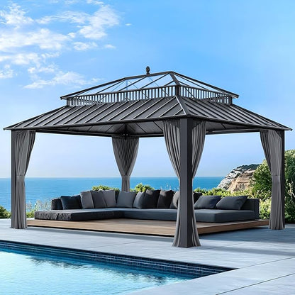 SUNJOY Kingston 16' x 12' Hardtop Gazebo with Galvanized Steel/Polycarbonate Double Roof, Curtain and Netting, Gray Aluminum Posts Permanent Pavilion Gazebo for Garden, Patio, Deck, Lawn