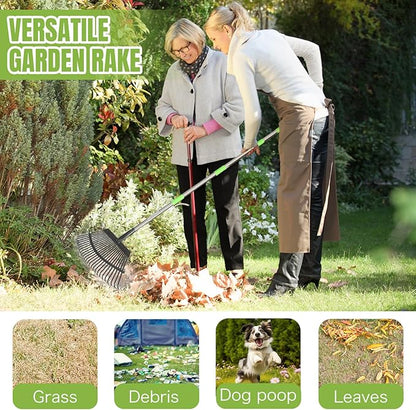 Joyhalo Rake for Leaves Adjustable 65 Inch Long, 18 Inch Wide Garden Rake with 25 Tines, Metal Leaf Rakes, Rakes for Lawns, Gathering Leaves, Weeds, Debris