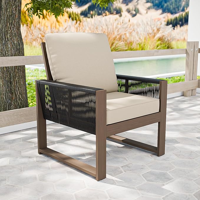 COOS BAY Natural Cedar Wood Patio Chair with Cushions, Durable Outdoor Furniture, Patio Dining Armchair for Deck, Porch, or Garden, 1 Piece, Brownish/Beige