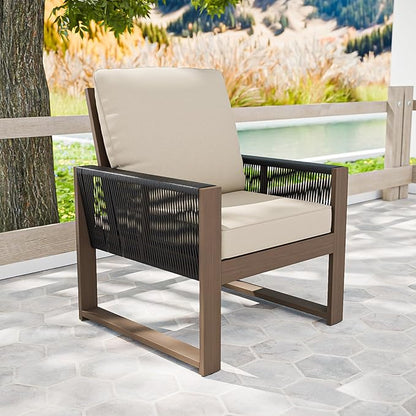 COOS BAY Natural Cedar Wood Patio Chair with Cushions, Durable Outdoor Furniture, Patio Dining Armchair for Deck, Porch, or Garden, 1 Piece, Brownish/Beige