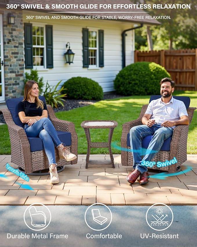Belord Wicker Patio Furniture Set with 41” Fire Pit Table - Swivel Rocker Glider Outdoor Chairs with Sofa and Glass Top Side Table, All-Weather Removable 6" Blue Seat Cushion for Warm Patio Evenings