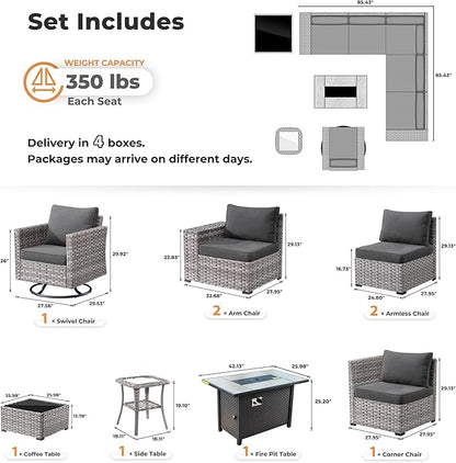 ovios 9 Pieces Patio Furniture Set, Outdoor Wicker Sectional Sofa with 42" Firepit Table Swivel Chair, Modern Modular Deep Seat Rattan Couch Conversation Sets, Black
