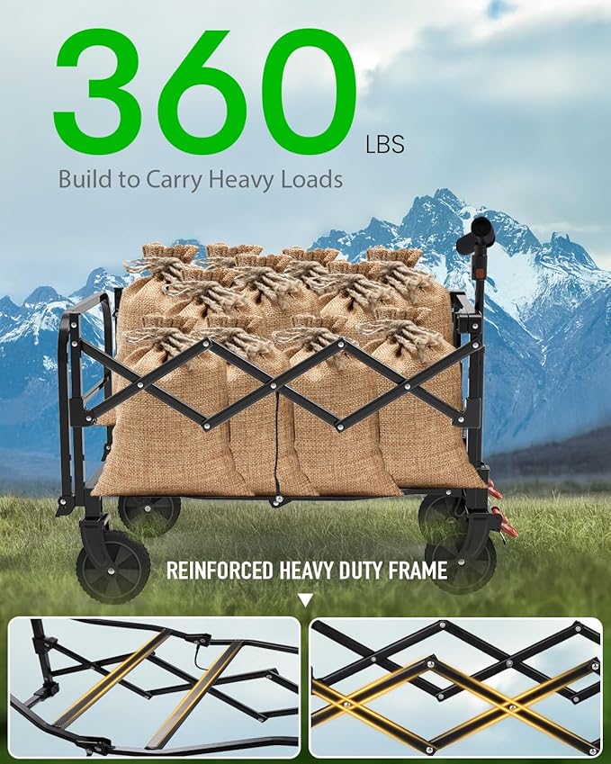 Collapsible Wagon, Foldable Wagon with Tailgate Extended, 360lbs Heavy Duty, Portable Lightweight Utility Wagon for Grocery, Camping, Garden, Sports, Black T