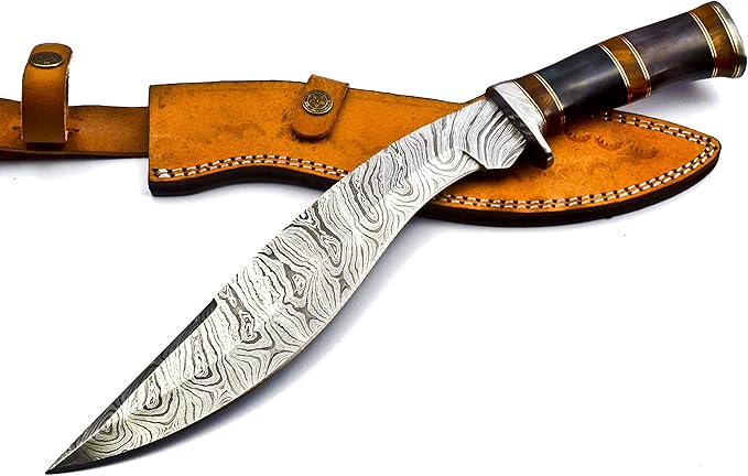 Nooraki - 15-inch | Handmade Damascus Steel Heavy Duty Kukri Knife Sharp Blade, With Leather Sheath | Ideal for Hunting, Bushcraft, Survival, Chopping, Camping, Outdoor Gift for Men Women - KK155