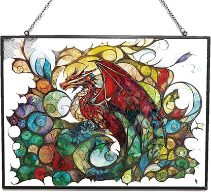 Rectangle Blood Dragon Stained Glass Window Hanging Sun Catcher Halloween Haning Ornament Decoration Christmas Birthday Gifts for Lover, Friends