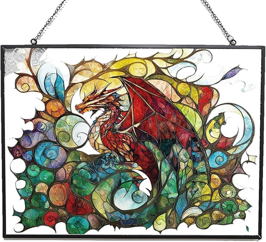 Rectangle Blood Dragon Stained Glass Window Hanging Sun Catcher Halloween Haning Ornament Decoration Christmas Birthday Gifts for Lover, Friends