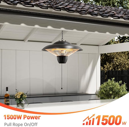 Patio Heater for Outdoor Use 1500W Electric Infrared Hanging Heater, Ceiling Mounted, Waterproof for Porch, Garage, Balcony, Overheat Protection Black