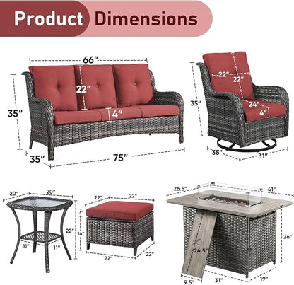 Wicker Outdoor Conversation Se with 50,000 BTU Gas Propane Fire Pit Tablet-7 Pieces Outdoor Wicker High Back Couch Patio Furniture for Deck Poolside Backyard