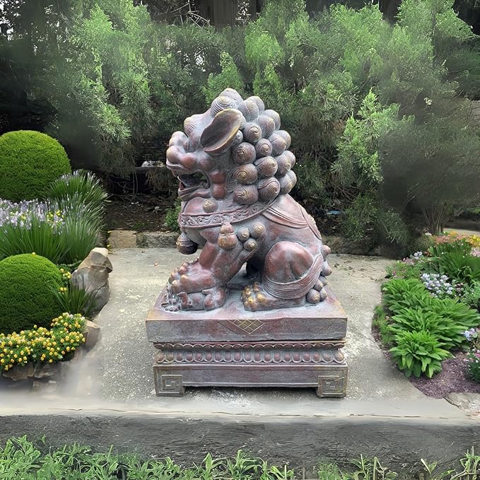 Zaer Ltd. Set of 2 Traditional Fu Dog Garden Statues, Chinese Guardian Lion Sculptures with Pedestals, Made with Magnesium-Cement (Blue-Bronze)