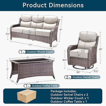 Luxury High Back Outdoor Furniture with 6-Inch Thick Cushions, Patio Furniture Set with Swivel Chairs, 4 PCS Wicker Conversation Set for Porch, Balcony, Deck and Yard