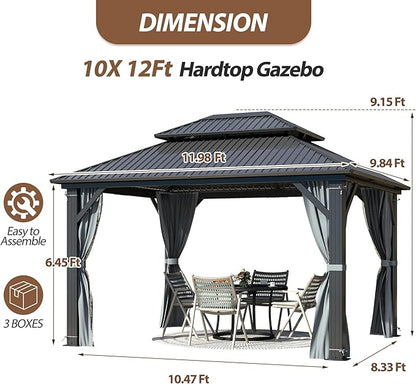 10 X 12ft Hardtop Gazebo, Galvanized Steel Double Roof Gazebo with Nettings and Curtains, Outdoor Aluminum FrameVertical Stripes Roof Permanent Pavilion for Patio, Backyard, Lawns