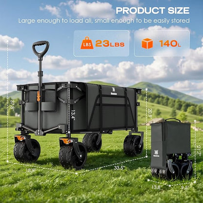 Navatiee Big Wheels Collapsible Wagon Cart Foldable, Heavy Duty Beach Wagon with Silent All-Terrain Wheels, Folding Utility Grocery Cart with Side Pocket and Brakes for Camping Garden Sports, Gray