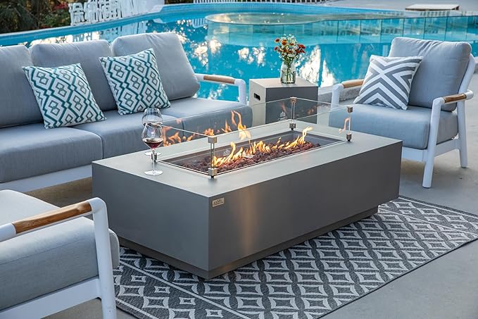AMS Creations | Madison 60" Bundle Rectangular Propane Gas Outdoor Fire Pit Table | Light Gray Concrete GFRC | Smooth Texture or Surface | Electronic Ignition | Outside Backyard Fireplace
