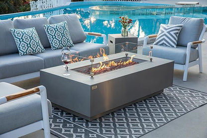 AMS Creations | Madison 60" Bundle Rectangular Propane Gas Outdoor Fire Pit Table | Light Gray Concrete GFRC | Smooth Texture or Surface | Electronic Ignition | Outside Backyard Fireplace
