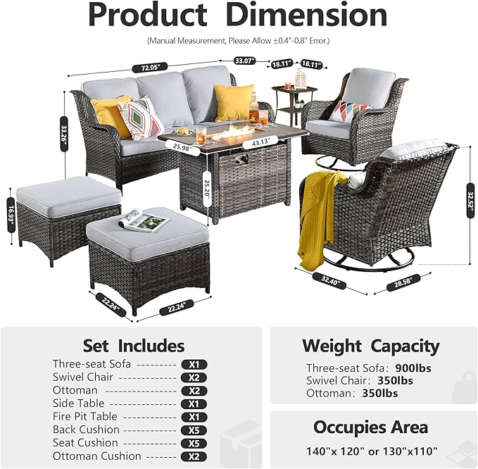 HOOOWOOO Patio Furniture Set,7 Piece Outdoor Furniture Set with Fire Pit Table,Wicker Patio Conversation Couch Swivel Chairs Ottoman Set,Light Gray