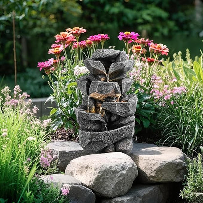 Outdoor 5-Tiers Cascading Rock Water Fountain, Waterfall Fountain with LED Lights, Outdoor Fountains and Waterfalls for Garden or Patio, Yard, and Deck Decor with Natural Stone Look