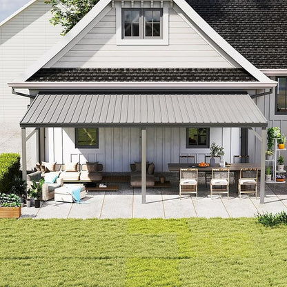 Domi 12’x20’ Wall-Mounted Hardtop Gazebo Pergola – Permanent Lean-to Outdoor Shelter with Sloped Galvanized Steel Roof & Upgraded Drainage – Gray Metal Patio Cover for Backyard, Deck, Garden