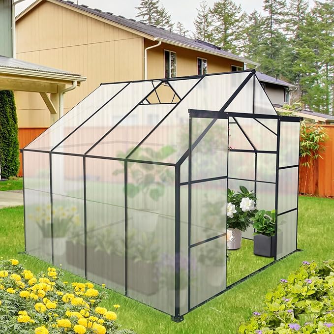Favfurish 8X8 FT Greenhouses for Outdoors,Polycarbonate Greenhouse, Aluminum Heavy Duty Walk-in Green Houses, Adjustable Roof, Raised Base and Double Sliding Door for Outside Backyard, Black