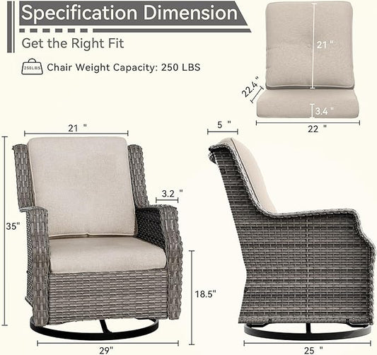 Swivel Patio Chair Outdoors - 360 Degree, Glider Chair with 3.5" Olefin Fabric Cushions (Mixed Grey Rattan/Beige)