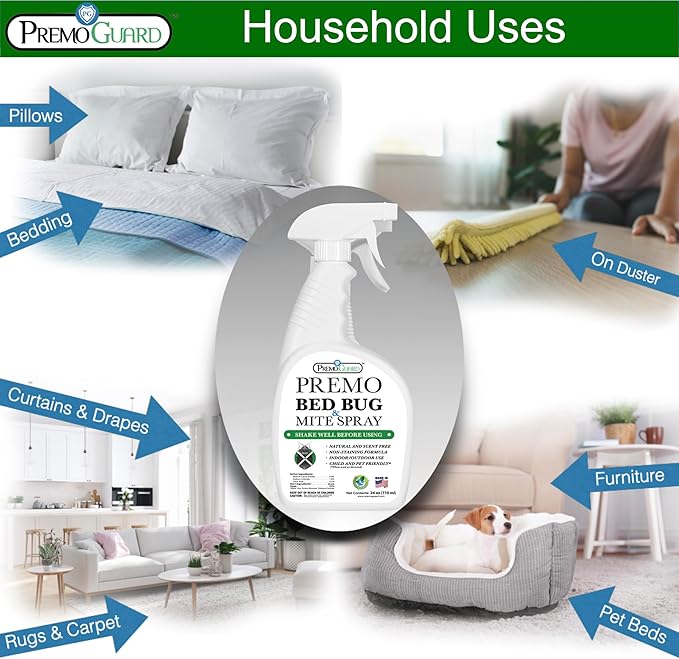 Premo Guard Bed Bug Killer Spray 24 oz - University Tested 100% Kill Rate - Natural Non Toxic, Stain & Scent Free - Kill Bedbugs & Mites On Bed & Blankets, Furniture, Clothing - Child & Pet Safe