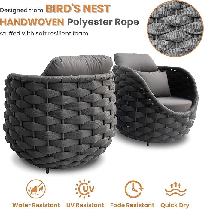 Patio Rope Accent Chair: Aluminum Single Seater Armchair - Large Woven Chair Cushioned - Modern Arm Chair Assembled - Assembled for 400lbs Outdoor Deck Balcony Porch Yard Garden Hotel, Dark Gray