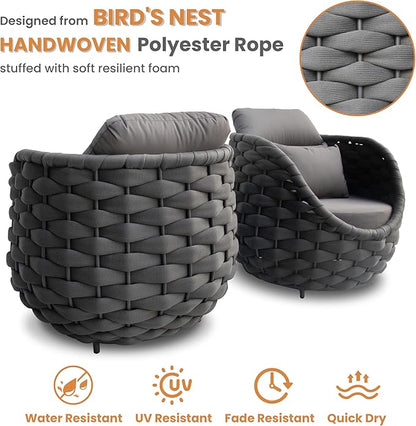 2 Pcs Patio Rope Accent Chair: Aluminum Single Lounge Armchair - Large Woven Chair Cushioned - Modern Arm Chair Assembled for 400lbs Outdoor Lanai Deck Balcony Porch Yard Garden Hotel, Dark Gray