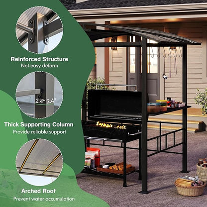 Tangkula 8x5 FT Hardtop Grill Gazebo, Outdoor Double-Tiered Barbecue Canopy with Vented Polycarbonate Roof, 2 Side Shelves, 6 Hooks, Outdoor Grill Shelter for Patio Garden Lawn Deck (Black)