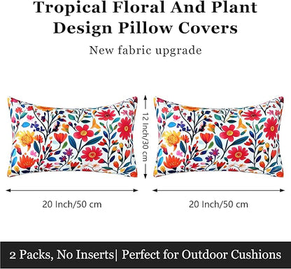 Outdoor Pillow Covers 12x20 Inch Set of 2 Floral Printed Boho Throw Pillows Cases Waterproof Lumbar Garden Cushion Sham for Spring Summer Patio Funiture Tent Balcony Bench Sofa Couch