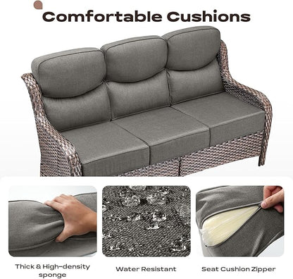 Rilyson Wicker Outdoor Patio Furniture Set - 8 Piece Patio Conversation Sets with Swivel Rocker Chairs, Ottomans, Sofa and Coffee Table, 6 inch Cushions, Deep Seating, for Porch Deck Brown/Grey