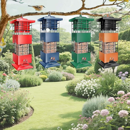 Squirrel Proof Bird Feeders for Outdoors Hanging, Metal Tube Bird Feeder w/4 Feeding Ports, Gravity Protection Wild Bird Feeders for Outside Backyard, Cardinal, Sparrow, Finch (3.5LB, Red)