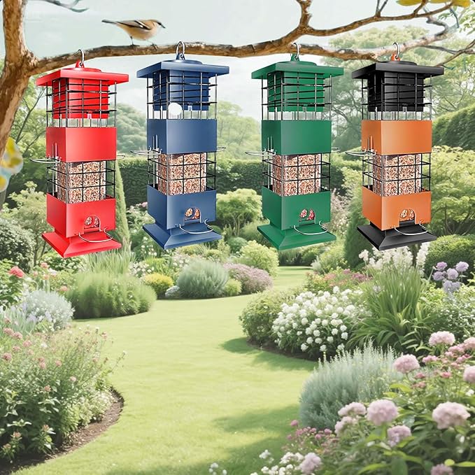 Squirrel Proof Bird Feeders for Outdoors Hanging, Large Capacity Gravity Protection Bird Feeders with 4 Feeding Ports, Metal Wild Bird Feeders for Outside, Finch, Cardinal, Blue Jay, 3.5Lbs