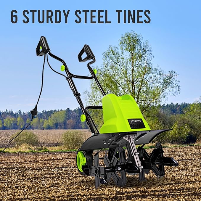 STEELITE 18 Inch Width Electric Tiller Cultivator, 8.7-Inch Depth Electric Rototiller with 24 Durable Steel Tines, 13.5 Amp Corded Cultivator for Gardening, 2-Adjustable Wheels for Garden Lawn Yard